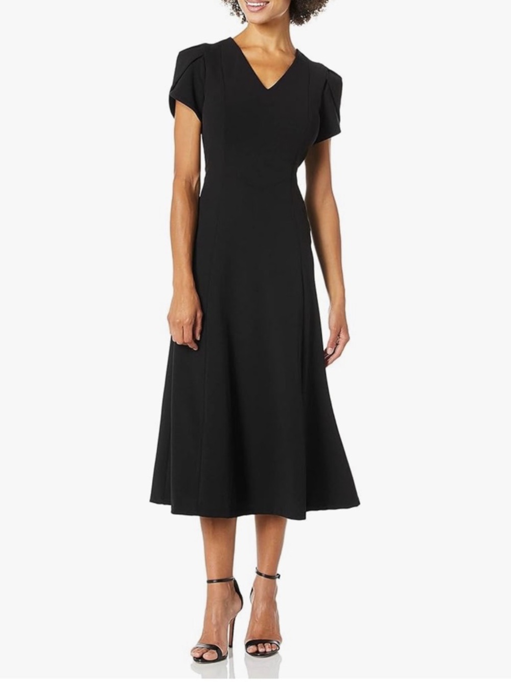Calvin Klein Black V-Neck A-line Midi Dress with Tulip Sleeves
